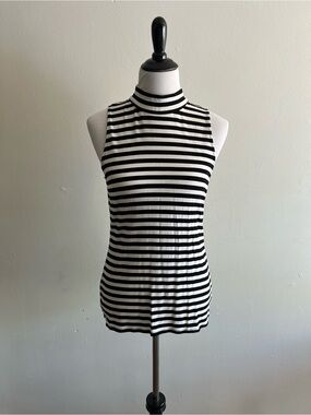 White House Black Market Black & White Striped Sleeveless Mock Neck Tank